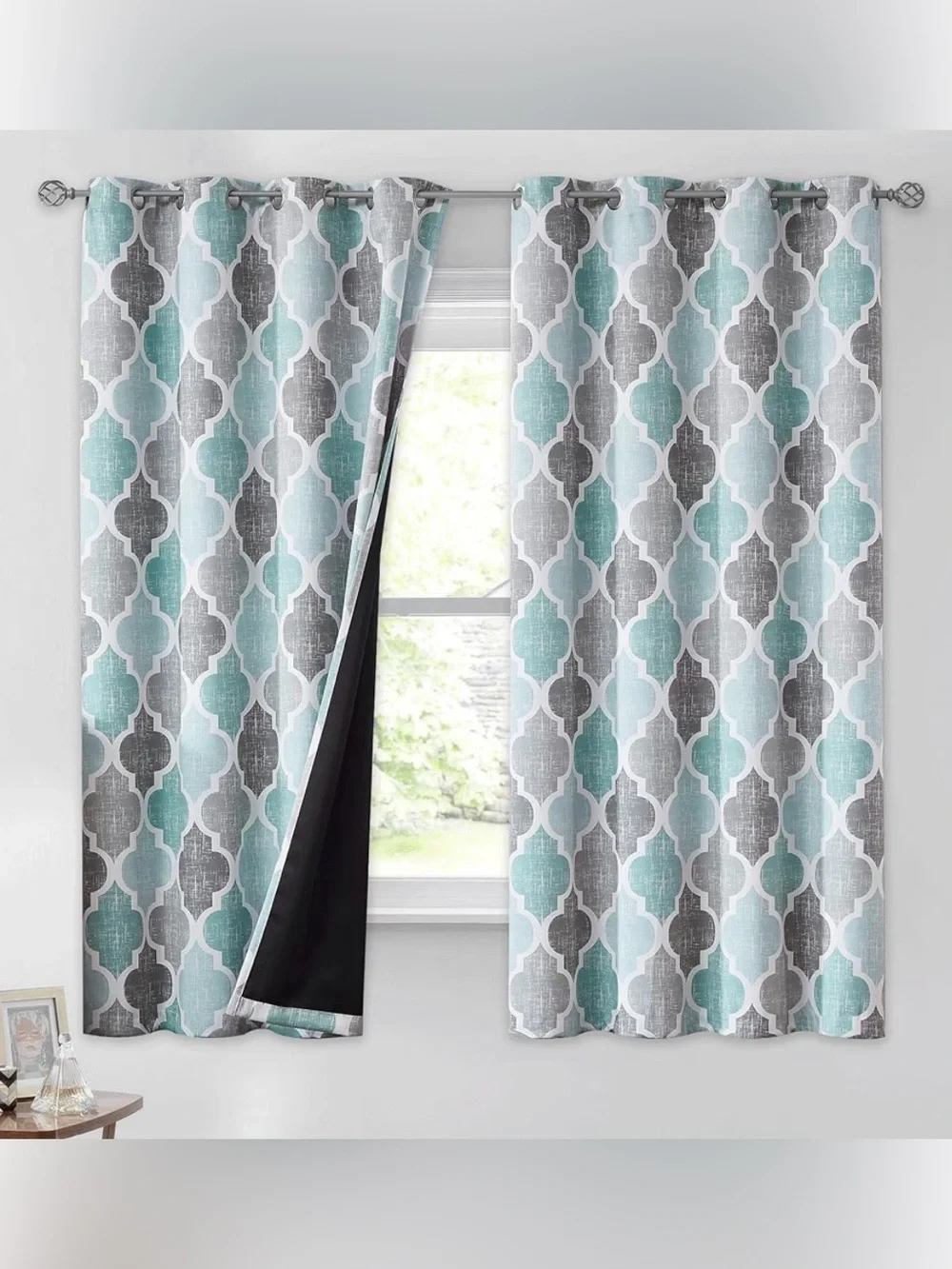 4 Panel Geometric Curtain Panel in Aqua and Gray - Grommet Top- black out